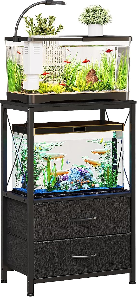 Aquarium Stand 38L Aquarium Stand with 2 Drawers Aquarium Rack for 40L Fish Turtles & Reptile Basins 2-Tier Aquarium Table Rustic Brown (Black)