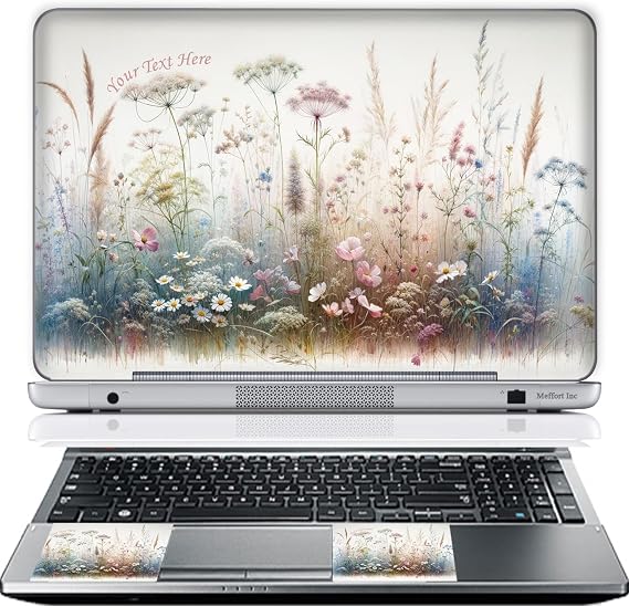 Custom Design Laptop Skin Sticker Cover Art Decal with Wrist Pad, Customize Your Text (17-17.3 Inch, Wild Flowers)