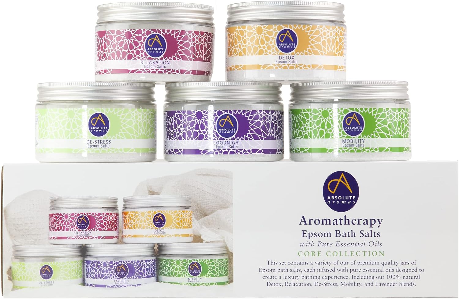 Absolute Aromas Epsom Bath Salts Bundle Gift Set – 5 x 300g of De-Stress, Detox, Lavender, Mobility and Relaxation Bath Salts - Magnesium Sulphate Infused with 100% Pure Essential Oils