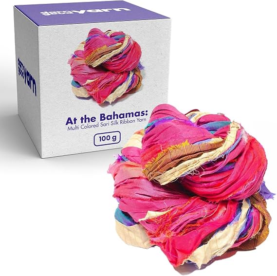 Darn Good Yarn Recycled Sari Silk Ribbon Yarn Handmade Blue Multicolor 100g 50 Yards for Knitting Crochet Weaving At The Bahamas