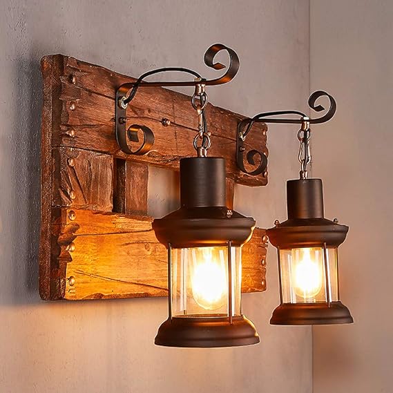 LAKIQ Industrial Farmhouse Wall Sconce Lighting Fixture Wooden Base Indoor Rustic Wall Lamp Light with 2 Lantern Lights for Bar Restaurant