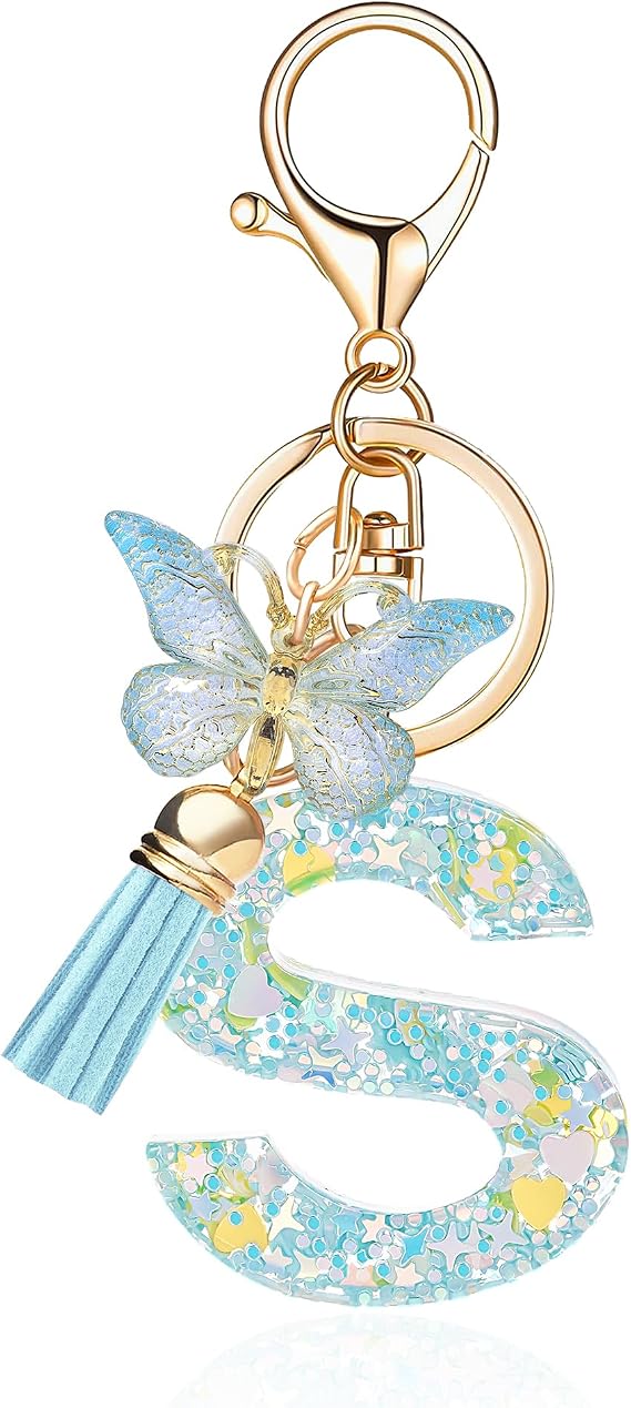 Fashion Alphabet Initial Letter Keychain Tassel Butterfly Pendant Key Ring for Purse Handbags Women Girl