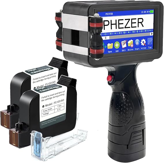 Phezer A Set P16 Handheld Inkjet Printer and 2 Pcs Original PS100 Quick Dry Solvent Ink Cartridge (Black)