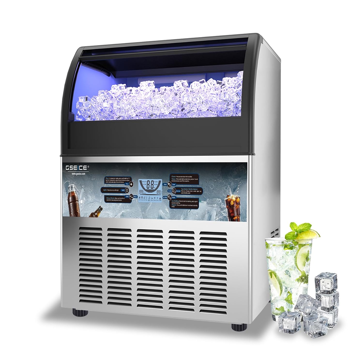 ETL Safety & Sanitation Certification Commercial Ice Maker with Drain Pump - 300lbs24H, Freestanding Fast Ice Maker Machine, Self-Cleaning with LED Display, for Bar Hotel Restaurant
