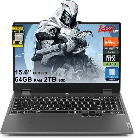 Lenovo LOQ Gaming Laptop 15.6" FHD IPS 144Hz (100% sRGB G-SYNC) AMD Octa-Core Ryzen 7 7435HS (Beats i7-12650H) 64GB RAM 2TB SSD GeForce RTX 4070 Backlit Nahimic Rapid Charge Win11Pro w/ICP Accessory