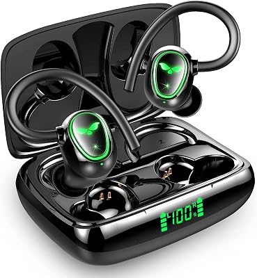 Bluetooth Wireless Headphones Earbuds 60hrs Playback Ear Buds IPX6 Waterproof Stereo Bass Over-Ear Earphones with Earhooks Microphone LED Battery Display for SportsWorkoutGymRunning
