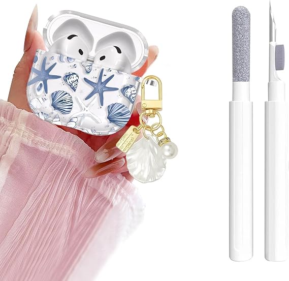 Aircawin for Airpods 4 Case Clear,Cute Seashell Starfish Pattern for Airpods 4th Generation Case Cover,Protective Soft TPU with Girly Shell Pearl Keychain&Cleaning Pen Women Girls Boys-SkyBlue