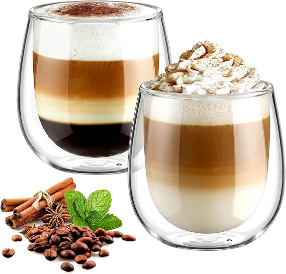glastal 2x250ml Double Walled Coffee Glasses Mugs Cappuccino Latte Cups | Borosilicate, Latte Macchiato Glass Cups, Heat Resistant Glass Cup for