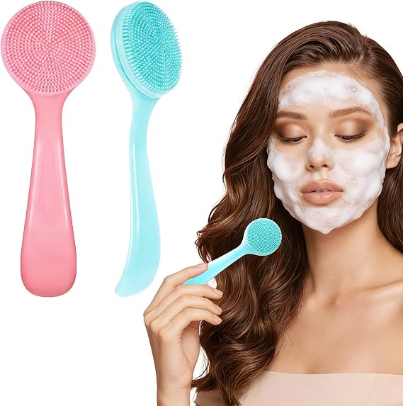 2PCS Silicone Manual Facial Cleansing Brush,Skin Friendly Face Scrub Brush,Soft Face Brushes for Cleansing, Waterproof Exfoliating Facial Brushes for Blackheads Makeup Residues Removal (Blue & Pink)