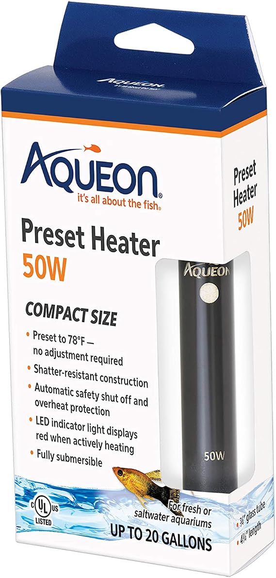 Aqueon Aquarium Fish Tank Heater, Preset, Up to 20 Gallons, 50 Watts