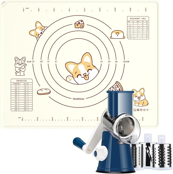 Silicone Baking Pastry Mat with Dough Cutter, Ourokhome 20'' X 16" Extra Thick Kneading Rolling mat, Rotary Cheese Grater Shredder - 3 Drum Blades Manual Speed Round Food Slicer Nut Grinder