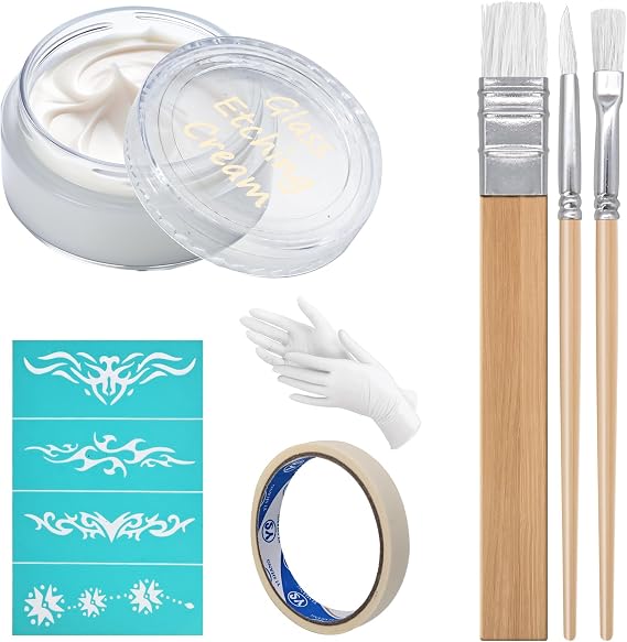 Etching Cream Kit for Glass | DIY Art Craft Supplies, 3 Application Brushes, Paper Tape, Nitrile Gloves, Silk Screen Label