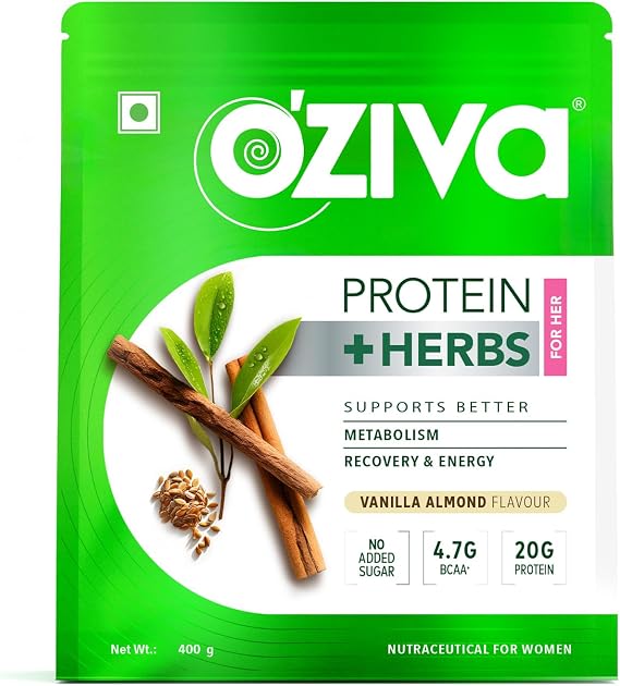 OZIVA Protein & Herbs for Women | 1.1 Lbs (500 gm) with Multivitamins, Curcumin, Shatavari, Tulsi for Improved Metabolism, Hormonal Balance & Skin, Hair Health, Vanilla Almond (1.1 lb)