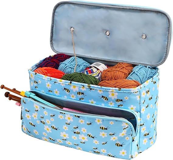Crochet and Knitting Bag, Crochet Bag Organizer, Craft Project Bag with Compartments for Knitting and Crocheting Projects, Wool Storage Organiser, Bee Pattern(Blue)