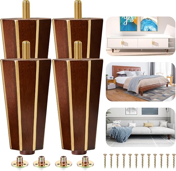 Wood Furniture Legs Set of 4 - Square Round Couch Brown Sofa Dresser - Century Modern Replacement Parts for Armchair Recliner Coffee Table Cabinet Bed Chair (Brown, 6 Inch)