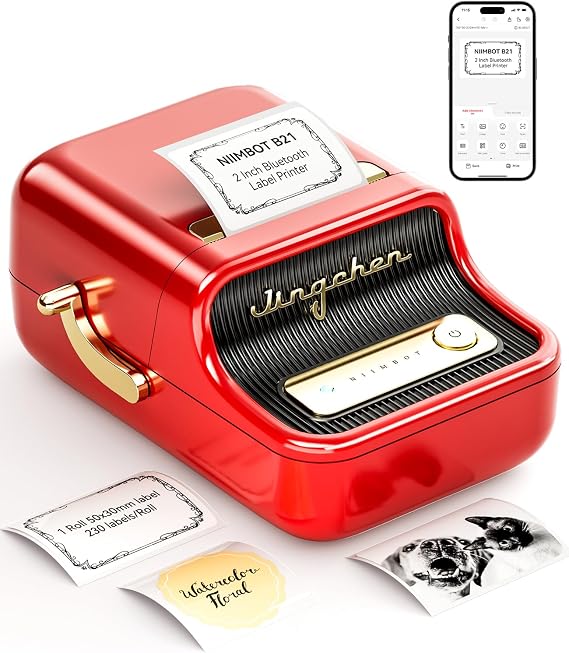 NIIMBOT B21 Etiket Makinesi Mürekkepsiz Bluetooth Etiket Yazıcısı, Küçük İşletmeler için 2 İnç Taşınabilir Termal Yazıcı, Adres, Logo, Giyim, Posta, Mumlar, Takı, Hediye için Etiket Yazıcısı, Kırmızı