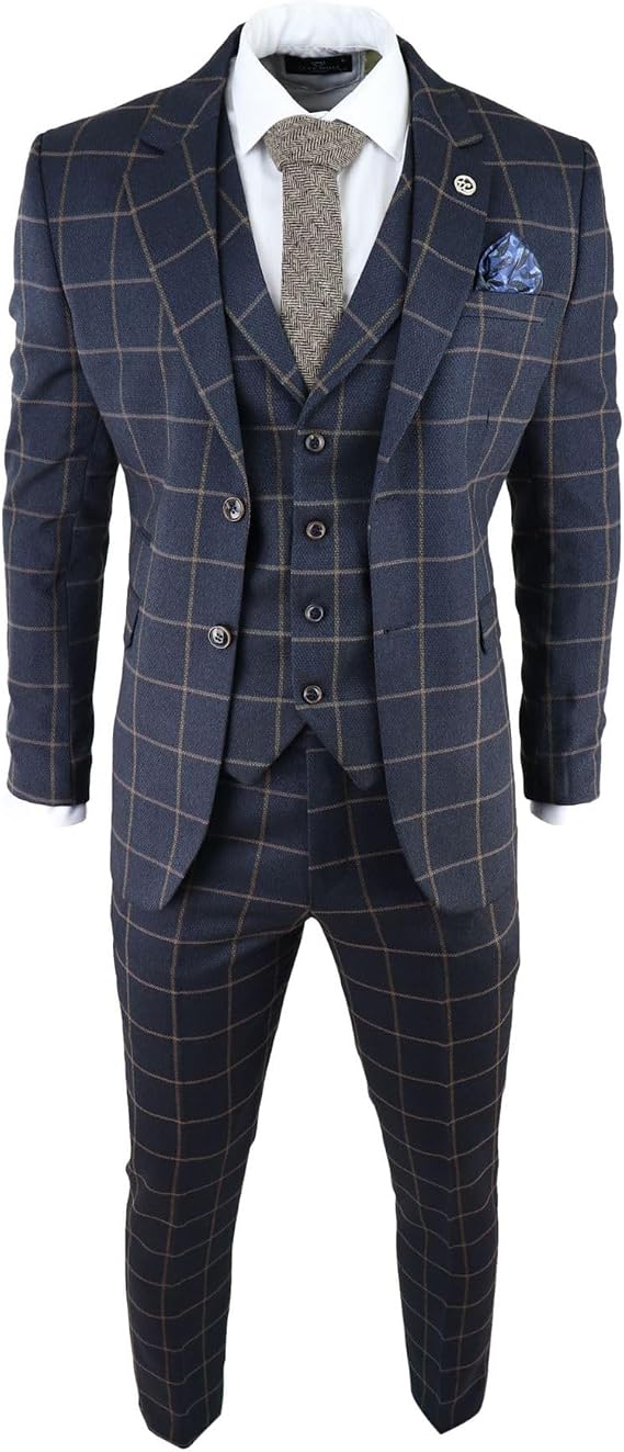 Mens Blue 3 Piece Suit Tan Check Classic Wedding Prom Peaky Tweed Vintage