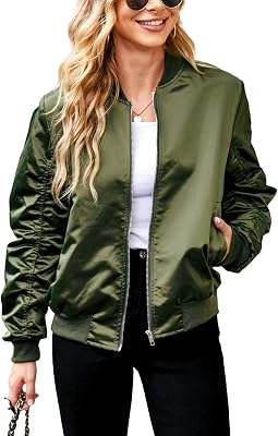 ACEVOG Fall Jackets for Women Long Sleeve Stand Collar Casual Bomber Jacket Army Green, Medium