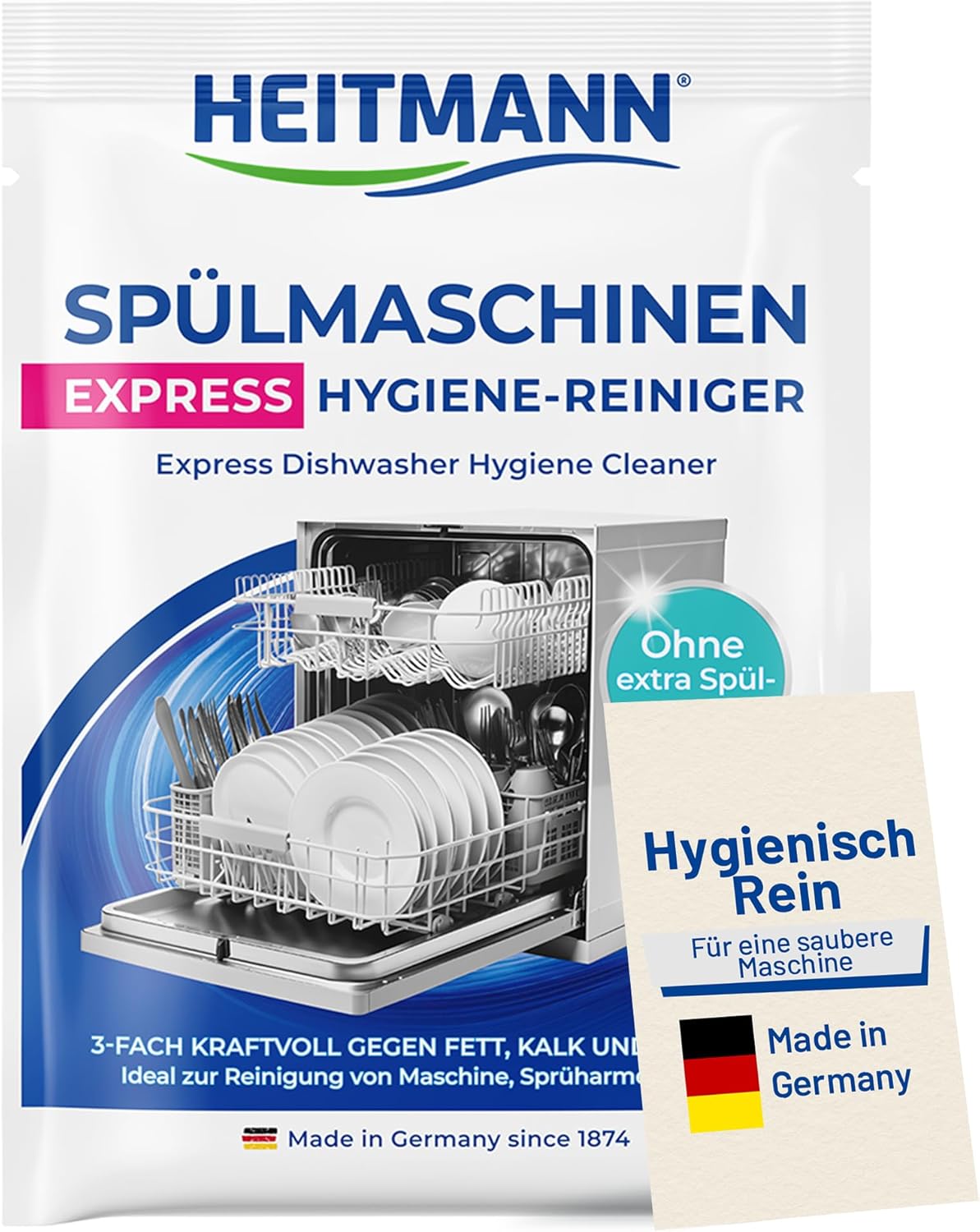 HEITMANN Express Dishwasher Hygiene Cleaner Triple Active Against Grease Limescale & Odours Works in Short Program For Spray Arms & Filters 30 g