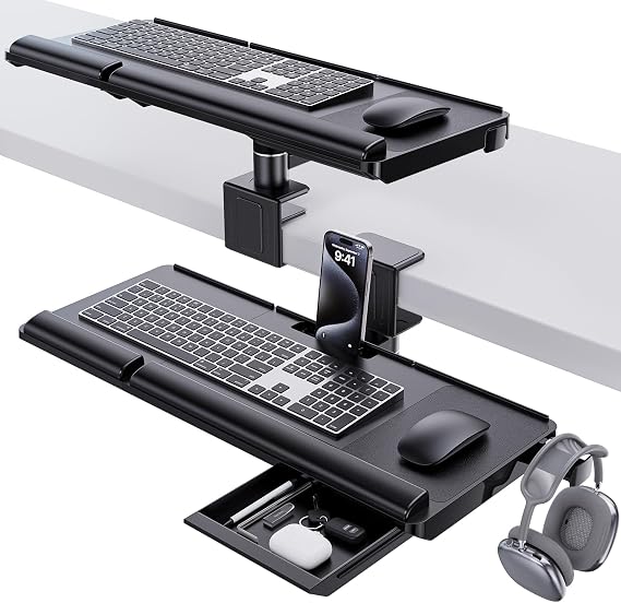 Klearlook Upgraded Adjustable Keyboard Tray for Above Desk & Under Desk Use | 24.4"10" Platform with 360 Rotation & 180 Tilt, Wrist Rest & Storage Drawer, Phone Slot & Headphone Hanger & Mouse Pad