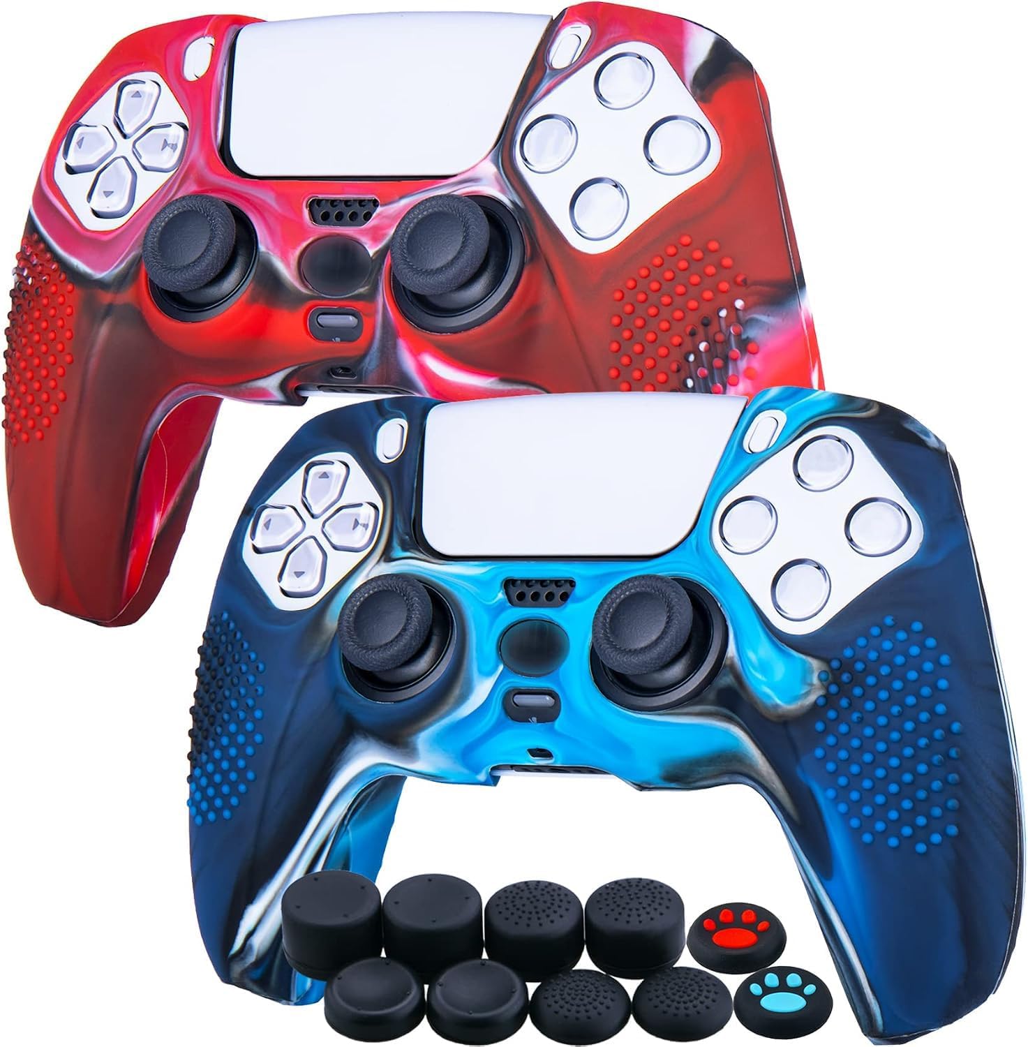 YoRHa Studded Silicone Rubber Gel Customizing Skin Cover for PlayStation 5 PS5 Controller x 2(Camouflage Red+Blue) with Pro Thumb Grips x 10