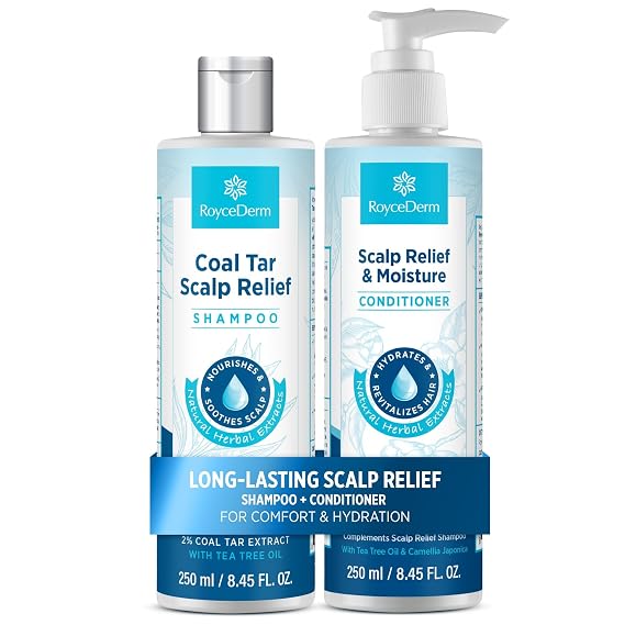 Roycederm Coal Tar Antidandruff Shampoo & Conditioner Set: 2% Coal Tar Extract Scalp Relief Shampoo for Psoriasis, Dandruff & Seborrheic Dermatitis - Soothes Itchy Scalp, Hydrates Hair
