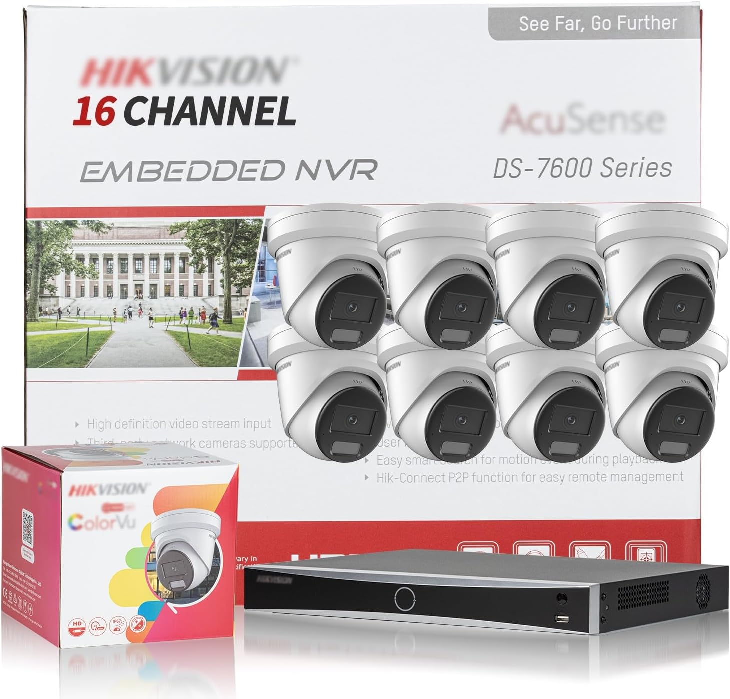 HIKV 16 Channel Security Camera System, DS-7616NXI-I216PS 16CH 4K ACU-Sense PoE NVR  8 x DS-2CD2387G2H-LIU 8MP Smart Hybrid Light Color VU AI Detection VCA Turret IP Cam, Compatible for Hikvision