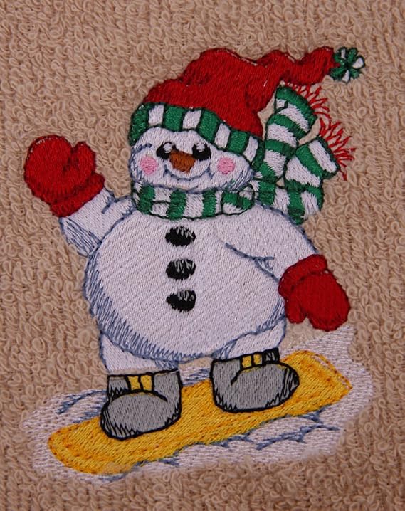 Bath Towel Set with Embroidered Snowboarding Snowman Design- Navy Blue Terry
