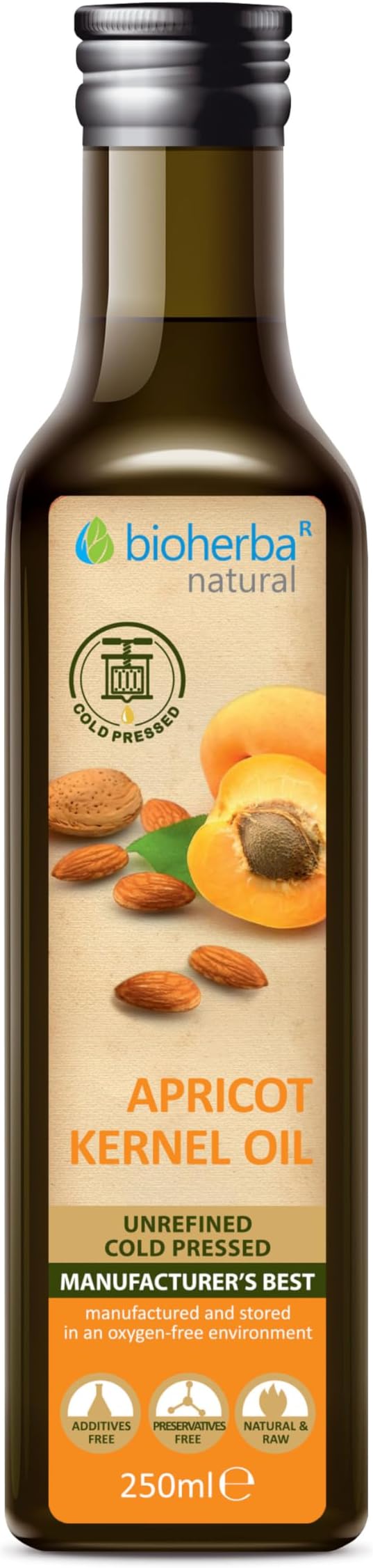 Apricot Kernel Oil 250 ml – Cold-Pressed & Natural | Rich in Vitamins A, E & B | Light Texture & Delicate Aroma | For Cooking, Skin & Hair | By BIOHERBA