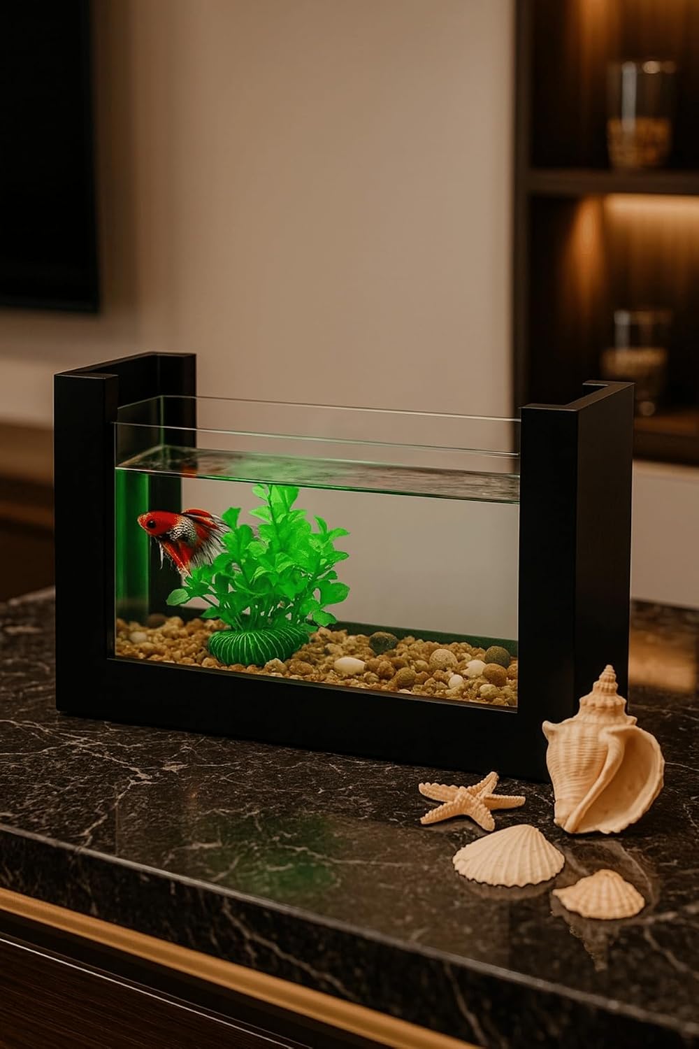 Reyo OK-AY Store Beta Balığı İçin Ahşap Mini Akvaryum Modern Şık Doğal Minimal Tasarım Akvaryum Siyah