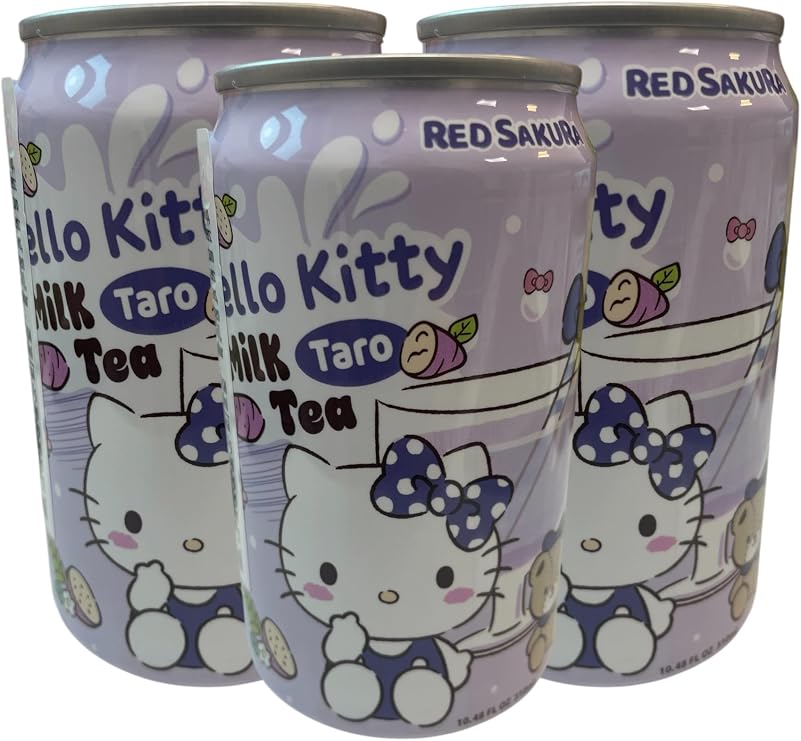 Hello Kitty Taro Milk Tea Drink 310ml x 3 Cans | Taiwanese Ready to Drink Milk Tea | Red Sakura Sanrio Licensed Beverage
