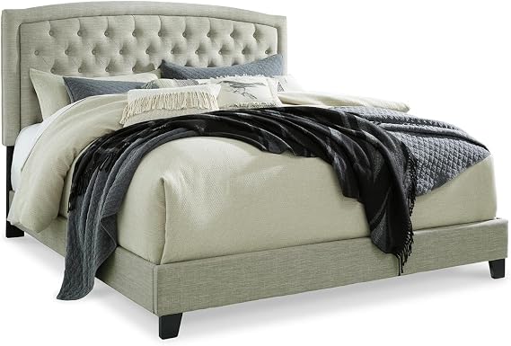 Signature Design by Ashley Jerary Farmhouse Button-Tufted Upholstered Platform Bed, Queen, Light Gray