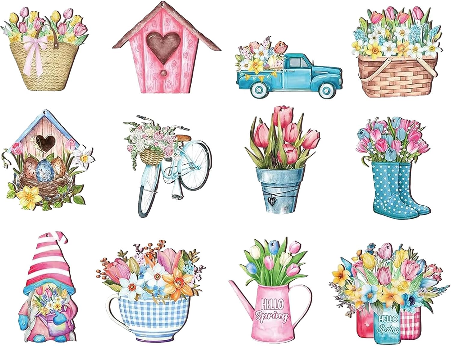 GWAWG Wooden Spring Decoration, Hanging Ornaments with Tulips, Gnomes, Umbrellas, Décor for Branches, Windows, Doors, Gardens, Easter, Mother's Day Summer Garden Décor 12pcs