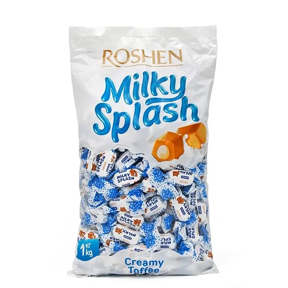 Roshen Milky Splash Toffee Candy, Creamy Toffee with Milk Filling, 2.2 Lb (1 kg) Individually Wrapped Smooth Dairy Toffee Delight, Kosher, Halal