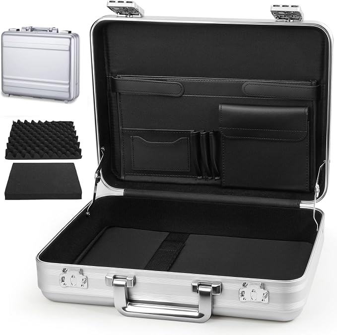 Metal Briefcase for Men, Locking Aluminum Case for Valuables, Gun Display Box, Cash Case, with Removable Foam