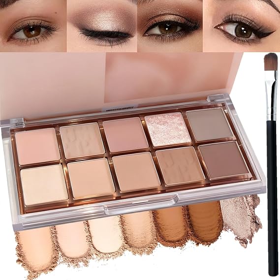 10-Color Korean Eyeshadow Palette in Earthy Brown Tones – Matte, Shimmer & Glitter Finishes – Long-Lasting Cool Toned Smokey Eye Makeup Set for Older Women, Beauty Cosmetics Kit with Brush
