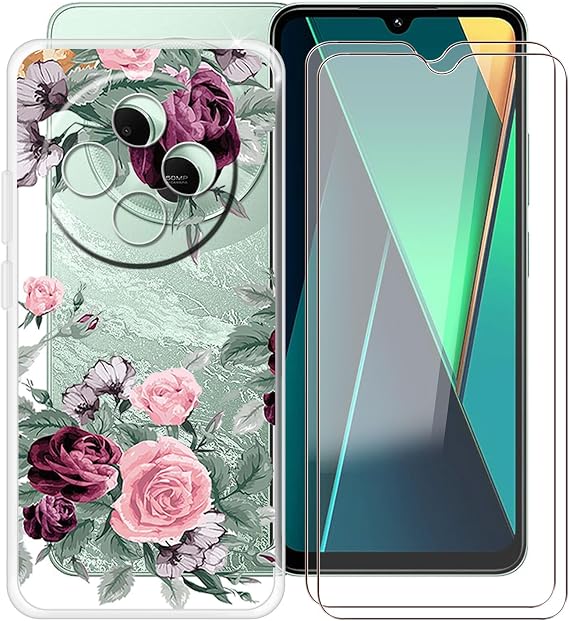 Clear Case for Xiaomi Poco C75 (6.88") with 2 x Tempered Glass Protective Film, Slim Shockproof Soft Silicone Cover, 360 Drop-Proof Phone Case for Xiaomi Poco C75 - Red Rose