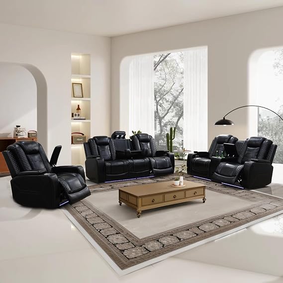 Power Recliner Sofa Set, Air Leather Reclining Couch with LED, 3 Pieces Reclining Living Room Furniture, Black Leather Sofa and Loveseat Chair for House/Apartment/Office