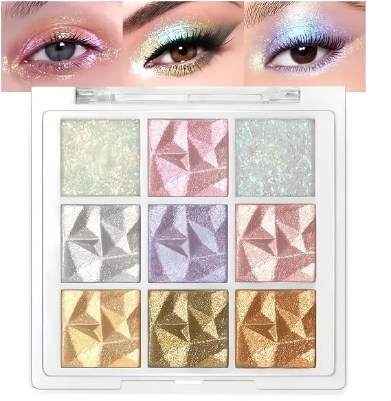 9-Color Glitter Eyeshadow Palette,Shimmer Eyeshadow Palette,Matte Shimmer E-yeshadow P-alette,White & Pink Glitter Shades,S-himmer Eye Shadow Pallets for Women,E-yeshadow P-alette,G-litter Ey-eshadow