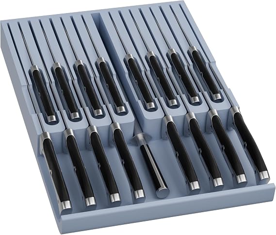 Domax Knife Drawer Organizer Insert Bamboo for 16 Knives, Gray