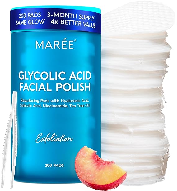 MAREE Glycolic Acid Pads 200 Toner Pads for Face Cleansing Facial Exfoliating Pad with Tea Tree Oil, Salicylic Acid & Vitamins E, B3, B5 Acne Clearing Face Pad, Skin Pore Resurfacing & Radiance