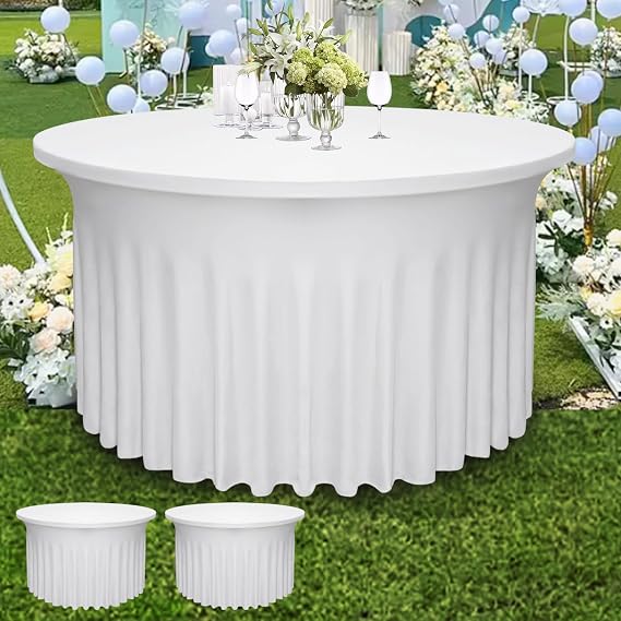4 Pack White Round Table Skirt, Fits 4ft Tables (48" Dia x 30" H) | Polyester Spandex Fitted Tablecloth with Skirt, Stain & Wrinkle Resistant for Wedding, Party, Dining, Banquet