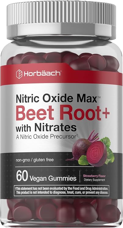 Horbaach Nitric Oxide Beet Root Gummies | 60 Chews | with Nitrates, Vitamin C & Black Pepper | For Men & Women | Strawberry Flavor | Vegan, Non-GMO, Gluten Free Supplement