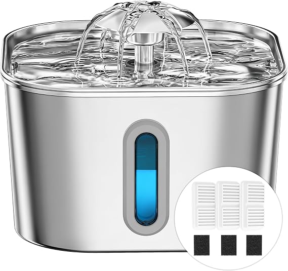 Cat Water Fountain For Drinking Stainless Steel 2.2L with 3Filters&3Sponges