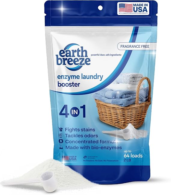 Earth Breeze Enzyme Laundry Booster Powder 2lbs (64 Loads) | Powerful 4-in-1 Bio-Enzyme Formula Deep Cleans, Tackles Odors, Fights Stains and Brightens Whites - No Harsh Chemicals