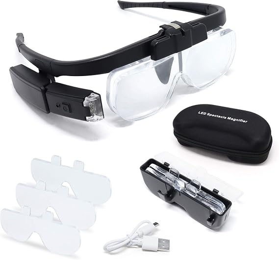 LED Head Mount Magnifier Glasses with 3 Detachable Lenses 2 Led Professional Jeweler Loupe Light USB Rechargeable Hands Free Headband Magnifying Glass for Reading Watch & Electronic Repair Sewing