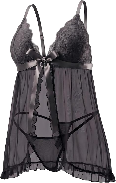 Plus Size Lace Babydoll - Sexy Sheer Mesh Chemise with Large Bow & G-String Set (1XL-5XL)