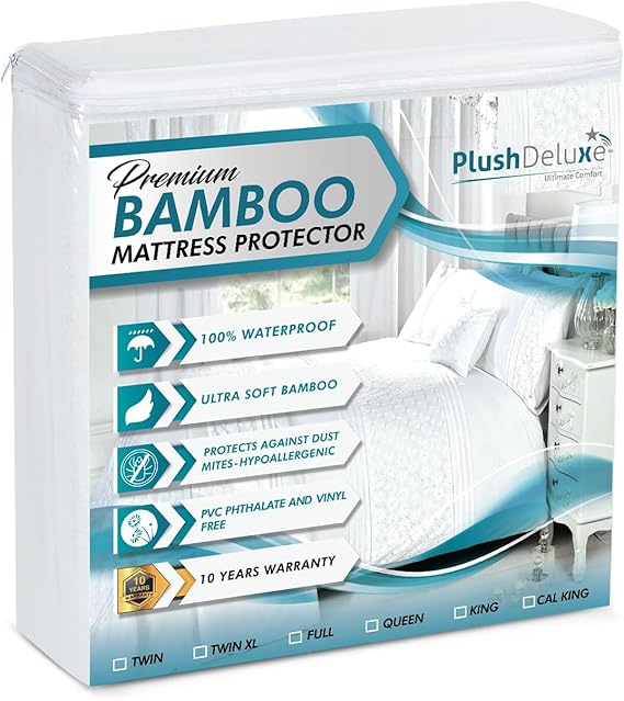 PlushDeluxe Bamboo Waterproof Mattress Protector, Twin Size, Ultra Soft | Breathable, Noiseless, Hypoallergenic, Washable, 39x75" Up to 18" Deep, Viscose Derived from Bamboo Mattress Cover, White