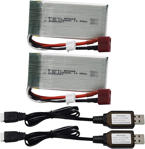 Blomiky 2 Pack 7.4V 1700mAh 12.58Wh 30C Lipo Battery with T Plug and USB Cables for 1:10 Scale 200E 9200 9200E 9205E 9206E RC Trucks /7.4V 1700