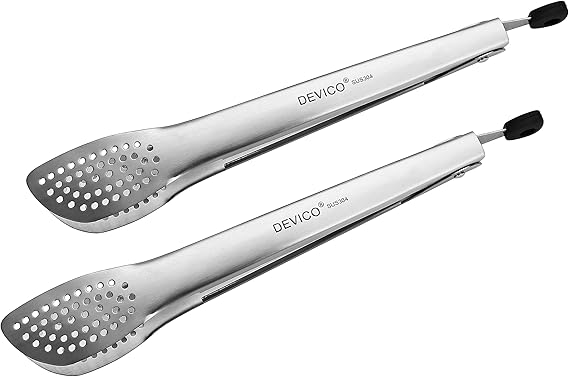 DEVICO Kitchen Tongs for Cooking, 18/8 Stainless Steel Salad Serving Tongs, 2Pcs 12-inch Locking Metal Tongs Set for BBQ/Grilling/Buffet, Heat Resistant and Dishwasher Safe